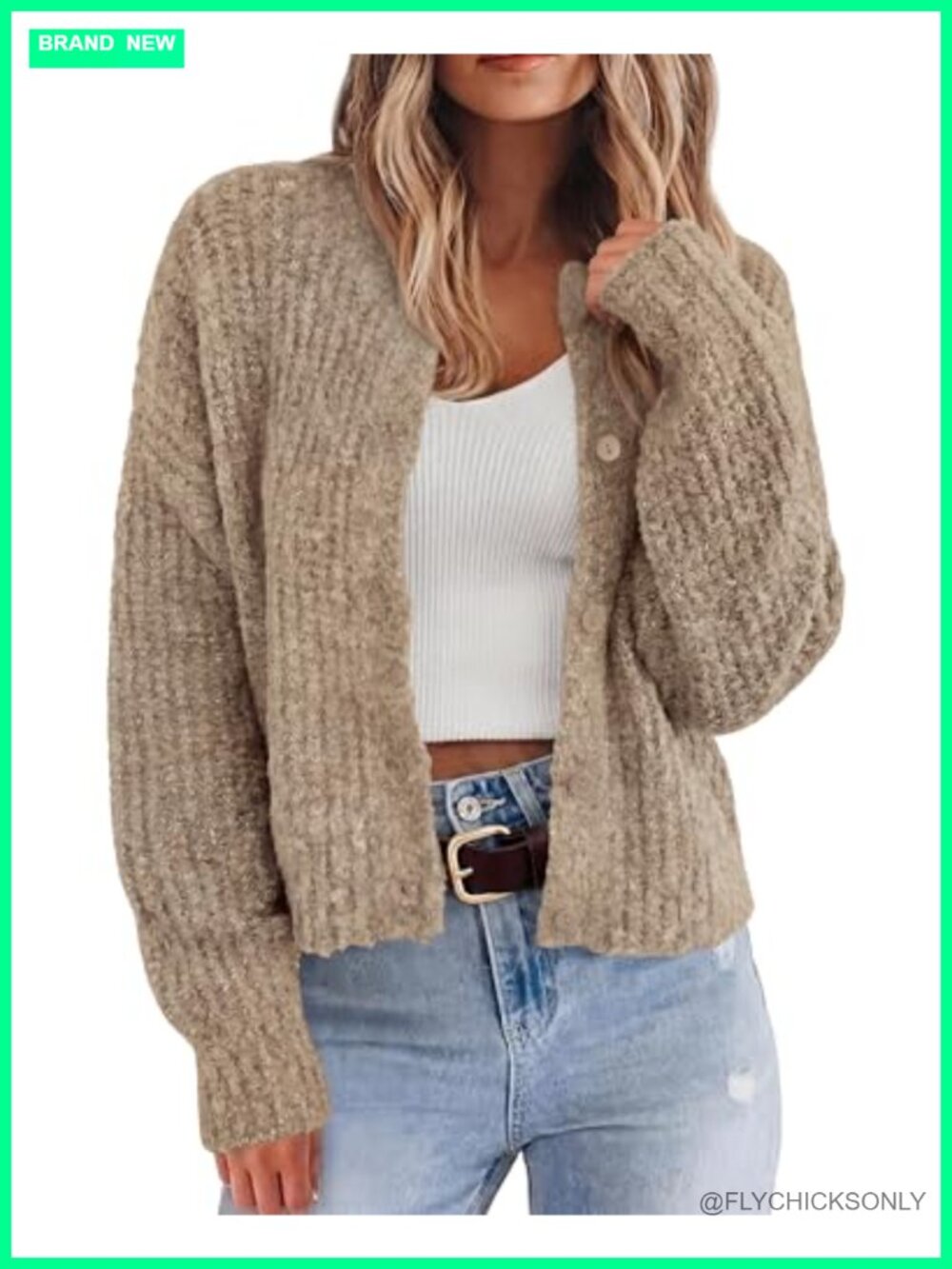 Women's Cropped Chunky Knit Cardigan, Long Sleeve Button Down, Fall Winter